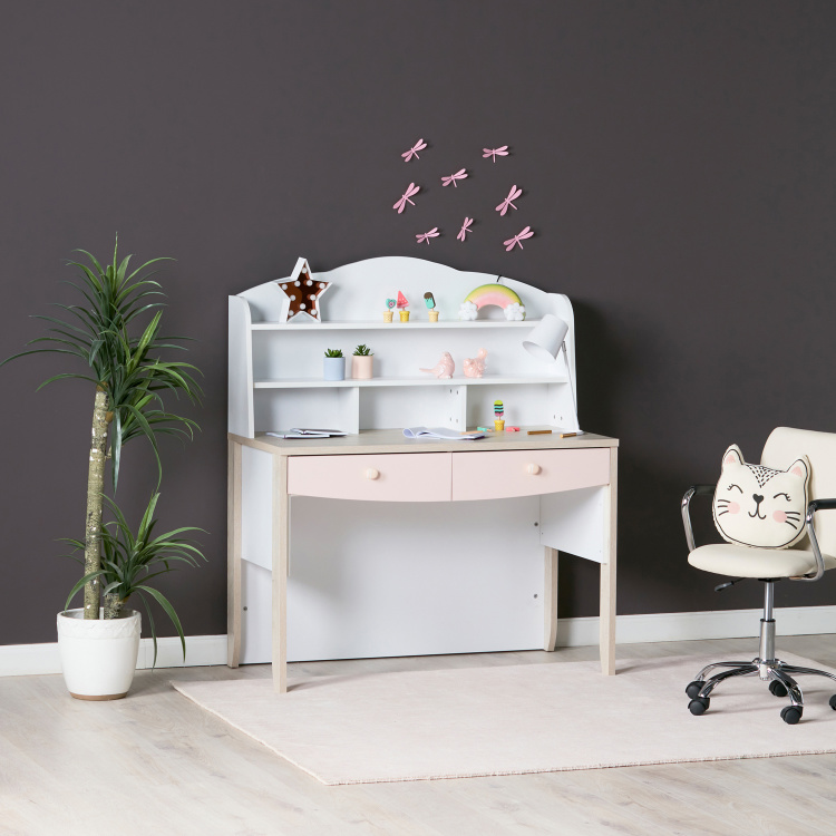 Swan Study Desk With Hutch And 2 Drawers Light Oak Pink White